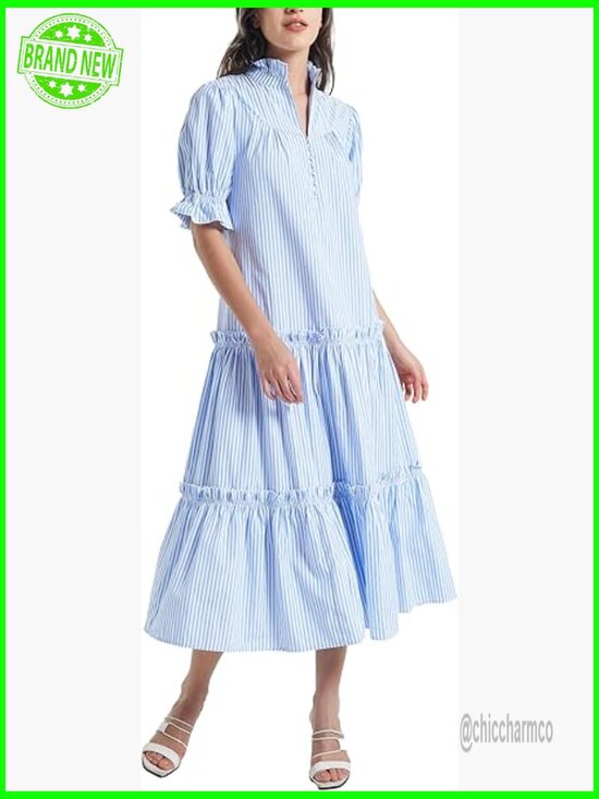 Dresses & Skirts - Small Maxi Dress with Puff Sleeves Button Down Tiered V-Neck Flowy